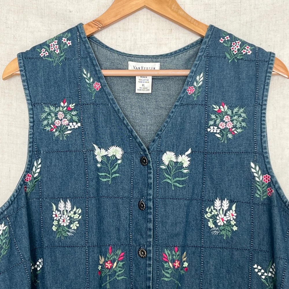 Vintage Van Heusen Floral Embroidered Denim Vest Cottagecore Women's XL - Picture 3 of 6